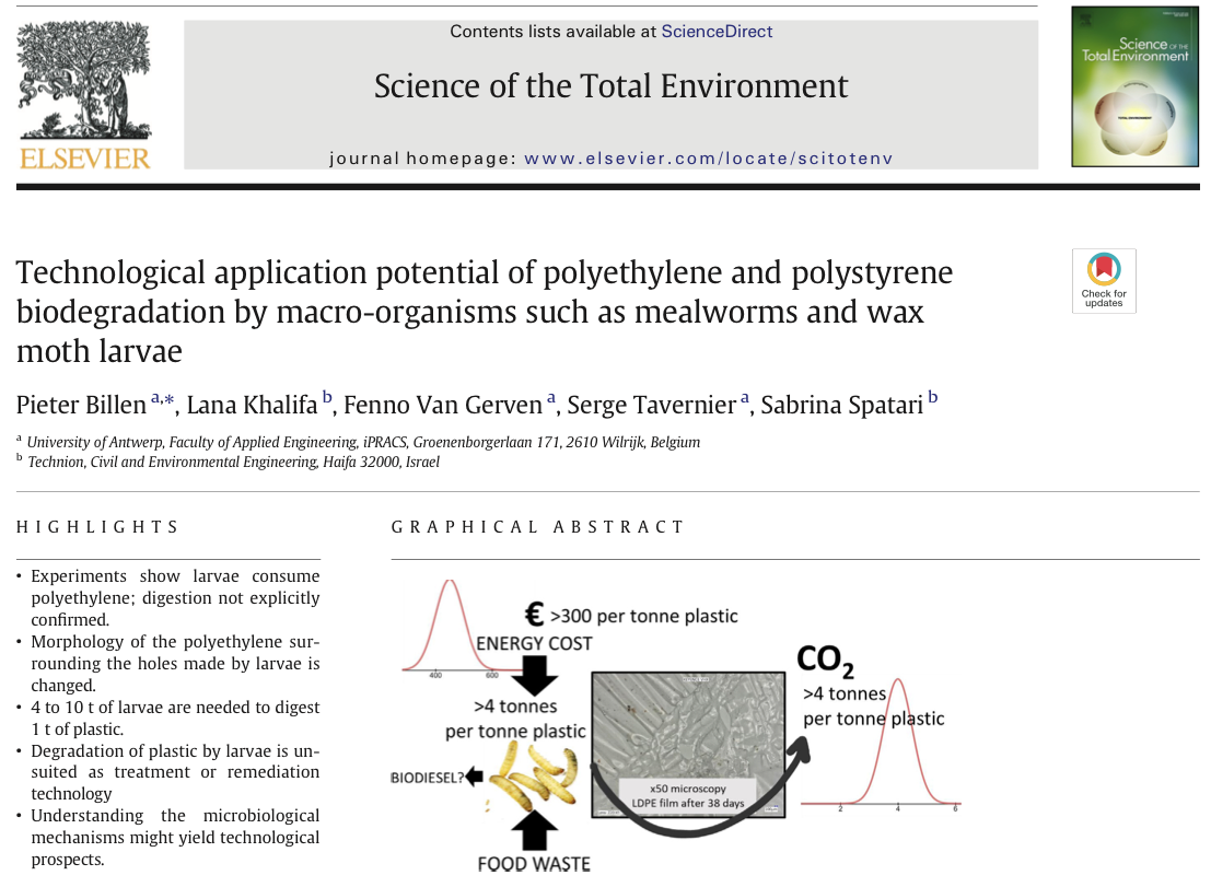 First page of published article on plastic biodegradation by larvae